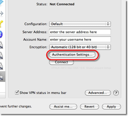 Enter server address and account name